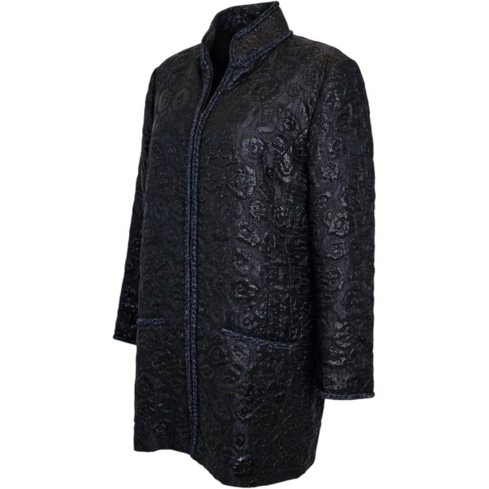 Chanel Black Blue Floral Jacquard Longline Jacket Camellia CC Logo FR50 US 16 18